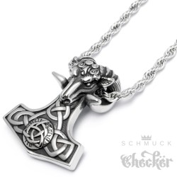 Massiver Thor Hammer aus Edelstahl mit Widder Schädel und 60cm Kordelkette Mjölnir Kette