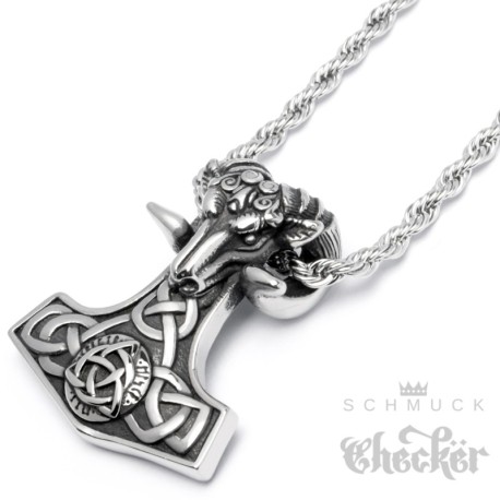 Massiver Thor Hammer aus Edelstahl mit Widder Schädel und 60cm Kordelkette Mjölnir Kette