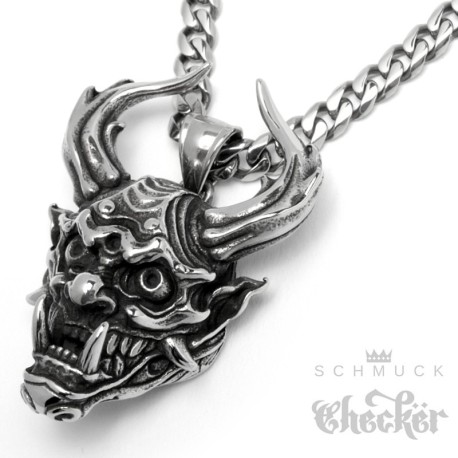 Japanischer Oni Ketten-Anhänger aus Edelstahl Teufel Dämon Maske Männer Geschenk