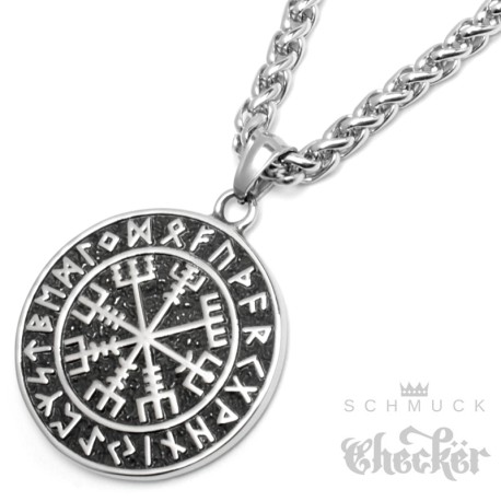 Nordischer Runen-Kompass Vegvisir Edelstahl-Anhänger mit Aegishjalmur auf Rückseite