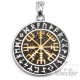 Goldener Runen-Kompass Vegvisir aus Edelstahl mit Aegishjalmur auf Rückseite + Kette