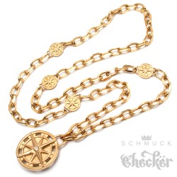 Goldkette mit Windrose Kompass Halskette & Anhänger Edelstahl Ankerkette vergoldet