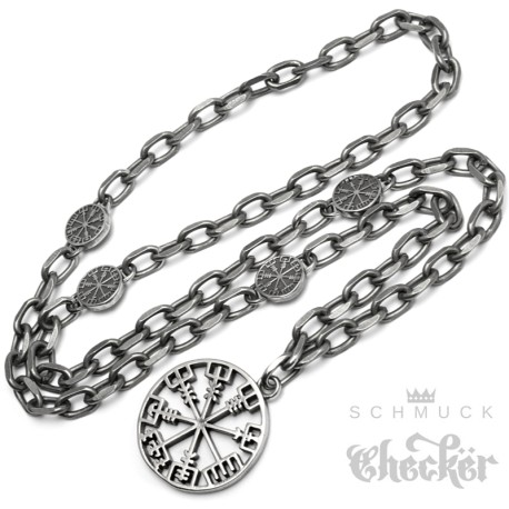 Wikinger-Kette mit Vegvisir in rustikalem Grau Edelstahl Ankerkette mit Details