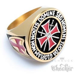 Goldener Templer Ring aus Edelstahl Kreuzritter Siegelring mit rotem Tatzenkreuz