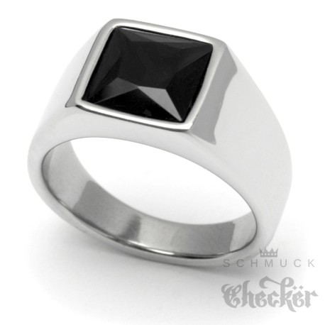 Herren Ring Solitär Stein Schwarz Onyx für den kleinen Finger silber aus Edelstahl