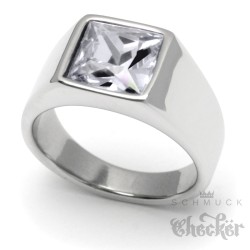 Herren Ring Solitär mit weißem Stein Kristall für den kleinen Finger aus Edelstahl