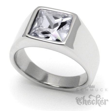 Herren Ring Solitär mit weißem Stein Kristall für den kleinen Finger aus Edelstahl