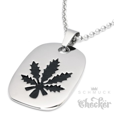 Hochwertiger Edelstahl Anhänger DogTag Medaillon Hanfblatt silber + 60cm Kette