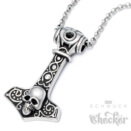 Edelstahl Anhänger Hammer Mjölnir Gott Thor Totenkopf silber massiv + 60cm Kette