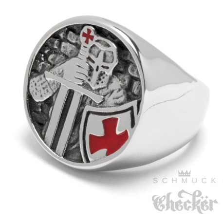 Massiver Kreuzritter Ring aus Edelstahl rotes Tatzenkreuz Templer Schwert Schild