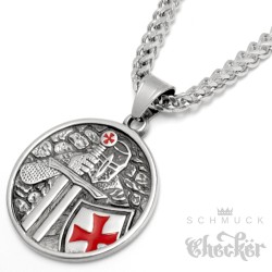 Halskette mit Tempelritter Motiv aus massivem Edelstahl silber mit rotem Tatzenkreuz