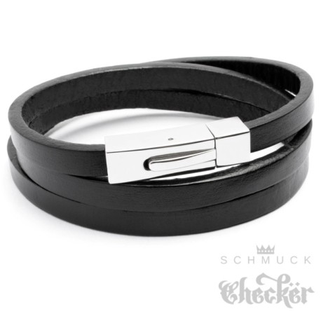 Echt Leder Wickelarmband Herren Lederarmband schwarz Edelstahl schlicht Biker
