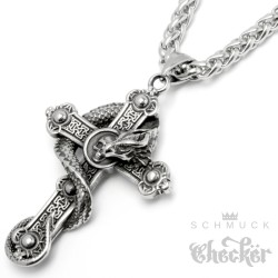 Verziertes Kreuz mit Totenkopf von Drache umschlungen aus Edelstahl mit Halskette