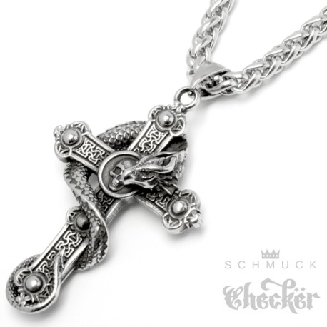 Verziertes Kreuz mit Totenkopf von Drache umschlungen aus Edelstahl mit Halskette