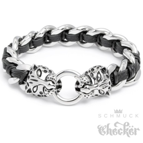 Edelstahl Armband Panther Panzerkette silber echt Leder schwarz Biker Harley