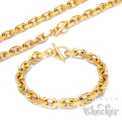 Goldenes Armband + Halskette Set aus Edelstahl massive Ankerkette Knebelverschluss