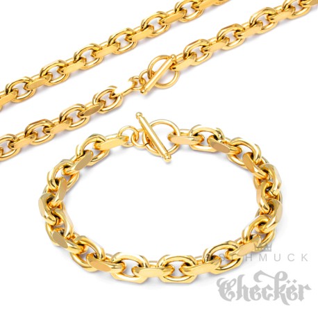 Goldenes Armband + Halskette Set aus Edelstahl massive Ankerkette Knebelverschluss