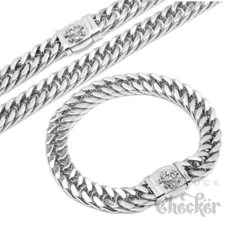 Biker-Schmuckset Halskette + Armband mit Totenkopf aus massivem Edelstahl silber