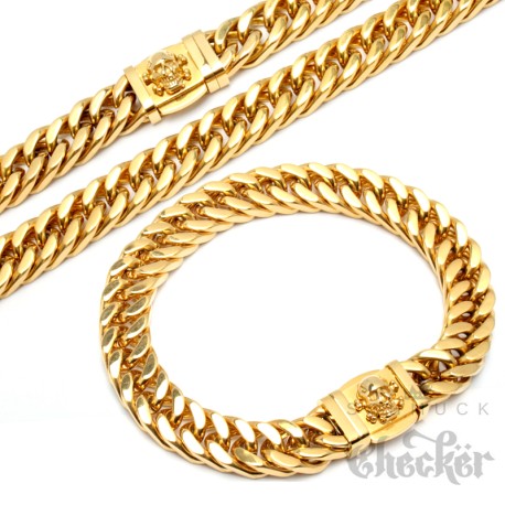 Skull Goldkette mit passendendem Armband Biker-Schmuckset aus vergoldetem Edelstahl