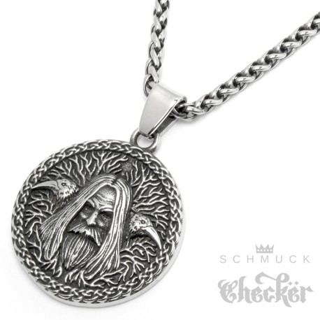 Nordisches Amulett mit Raben Zauberer junger Odin Hugin Munin Wikinger Kette
