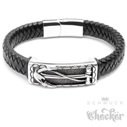 Echt Leder Herren Armband schwarz Edelstahl Anker Seemann Biker Rocker