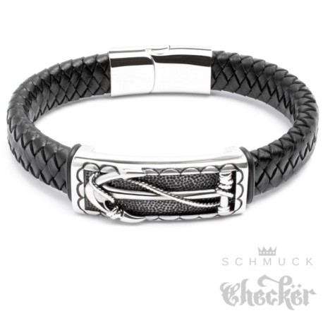 Echt Leder Herren Armband schwarz Edelstahl Anker Seemann Biker Rocker