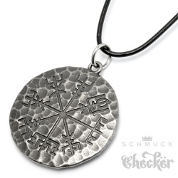 Grauer Runen-Stein mit Vegvisir Lederband Halskette Edelstahl Wikinger Amulett