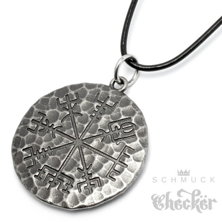 Grauer Runen-Stein mit Vegvisir Lederband Halskette Edelstahl Wikinger Amulett