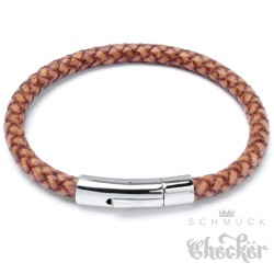 Braunes Leder-Armband geflochten mit sicherem Edelstahl-Verschluss silber poliert