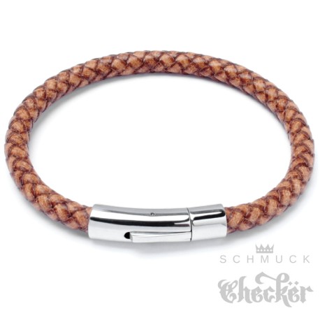 Braunes Leder-Armband geflochten mit sicherem Edelstahl-Verschluss silber poliert
