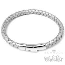 Silbernes Herren Armband aus geflochtenem Leder mit sicherem Edelstahl-Verschluss