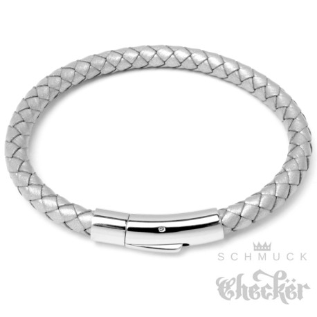 Silbernes Herren Armband aus geflochtenem Leder mit sicherem Edelstahl-Verschluss