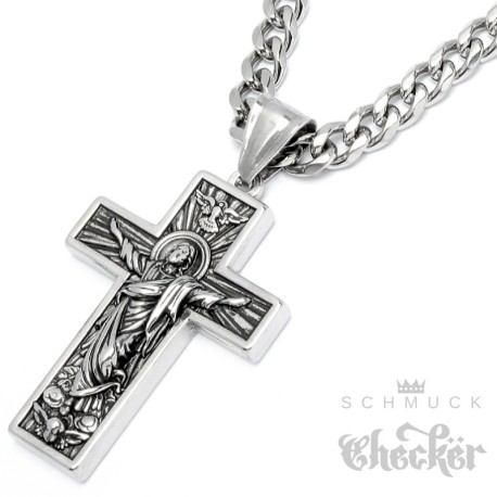 Kreuz mit Jesus und Friedenstaube sehr detaillierter Kreuzanhänger aus Edelstahl