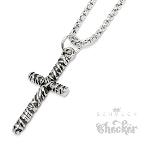 Kleiner Kreuzanhänger aus Edelstahl silber detailliert verziert mit Halskette