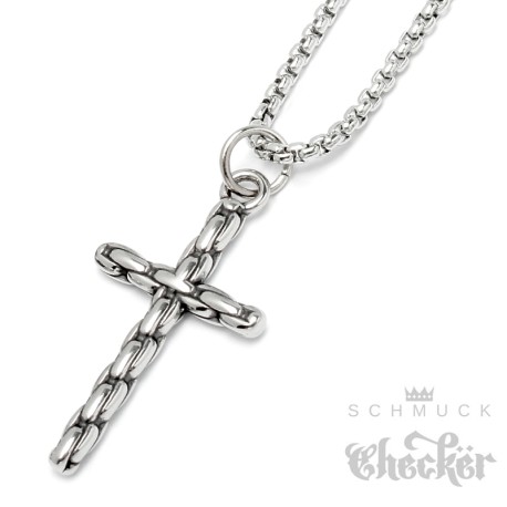 Kleiner Kreuzanhänger aus Edelstahl silber detailliert verziert mit Halskette