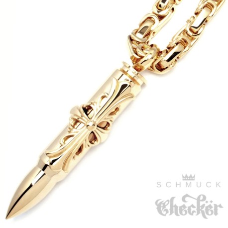 Edelstahl Anhänger Patrone Kreuz Munition Bullet gold Königskette