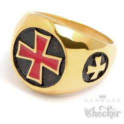 Goldener Templer-Ring mit rotem Tatzenkreuz Tempelritter Siegelring aus Edelstahl