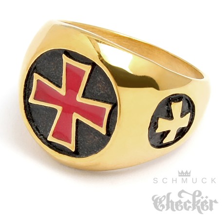 Goldener Templer-Ring mit rotem Tatzenkreuz Tempelritter Siegelring aus Edelstahl
