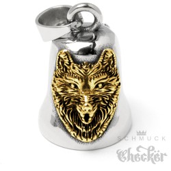 Biker-Bell mit goldenem Wolf aus Edelstahl Motorradfahrer Glücksbringer Geschenk