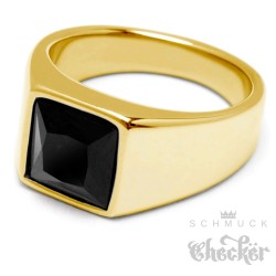 Goldener Herren Ring Solitär Stein Schwarz Onyx für den kleinen Finger Edelstahl