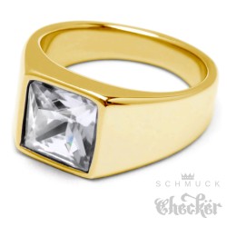 Goldener Herren Ring Solitär Stein Kristall Weiß für den kleinen Finger Edelstahl