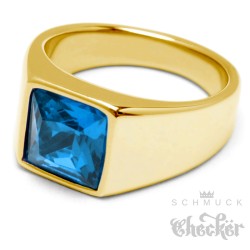 Goldener Herren Ring Solitär Stein Safir-Blau für kleinen Finger Edelstahl vergoldet
