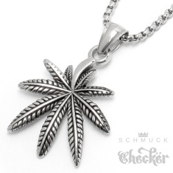 Detaillierter Hanfblatt-Anhänger aus Edelstahl silber poliert Cannabis Halskette