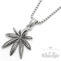 Kleines Hanfblatt Kettenanhänger aus Edelstahl silber poliert Cannabis Halskette