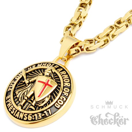 Goldenes Kreuzritter-Amulett mit Bibelvers 6:13-17 rotes Kreuz Edelstahl Halskette