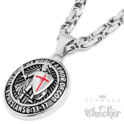 Kreuzritter-Amulett mit Bibelvers 6:13-17 rotes Kreuz Edelstahl poliert Halskette