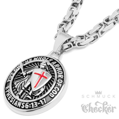 Kreuzritter-Amulett mit Bibelvers 6:13-17 rotes Kreuz Edelstahl poliert Halskette