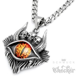 Monster Evil Eye mit Hörnern Totenköpfen rotes Feuer-Auge Edelstahl Schutzamulett