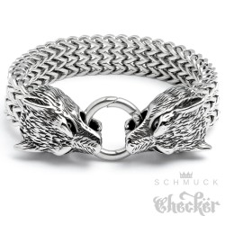 XXL Bikerschmuck Armband mit Wolfsköpfen und Ringverschluss massiver Edelstahl
