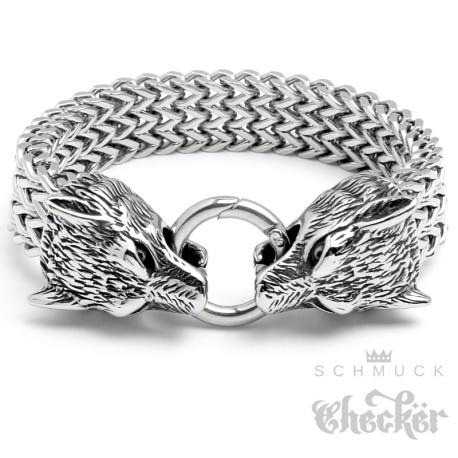 XXL Bikerschmuck Armband mit Wolfsköpfen und Ringverschluss massiver Edelstahl